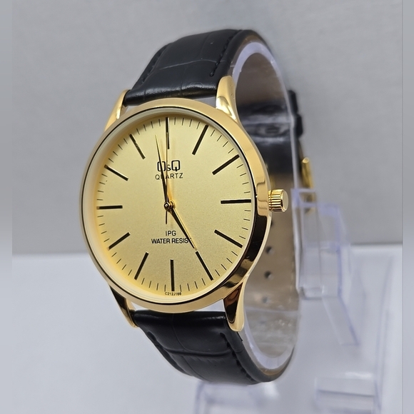 Q&Q Quartz Gold Tone 40mm Dress Watch Leather Strap New Battery IPG WR30M Mens L - Picture 2 of 11